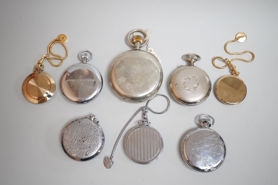 Eight assorted base metal pocket watches including 8 days, case diameter 65mm, a chrome cased Leonidas military, Ingersoll, Sekonda etc.